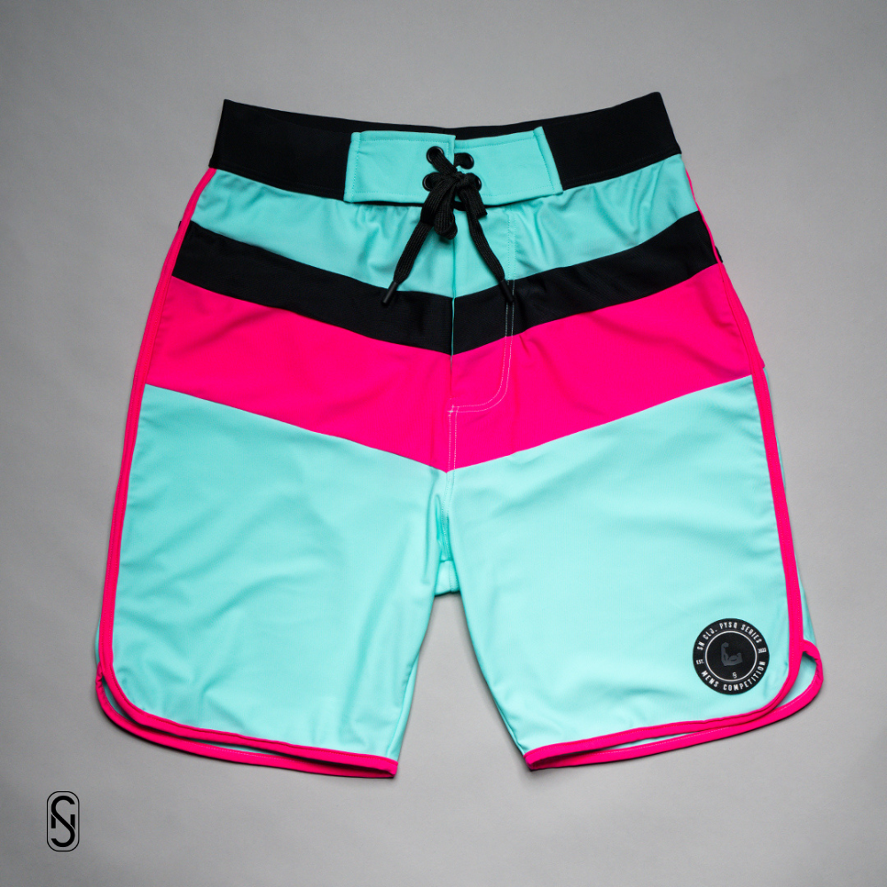 SN Clo. Mens Physique Board Shorts - Turquoise / Pink / Black