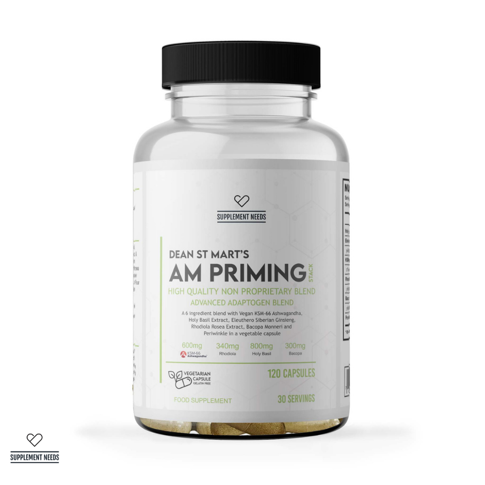 Supplement Needs Dr Dean St Mart AM Priming Stack Capsule Powder Advanced Adaptogen Blend KSM66 Ashwagandha Rhodiola Rosea Bacopa Vinpocetine Periwinkle Holy Basil Ginseng Nootropic Brain Health Range Lower Stress Vitality Tonic High Quality Non Proprietary Blend 120 capsules 30 servings