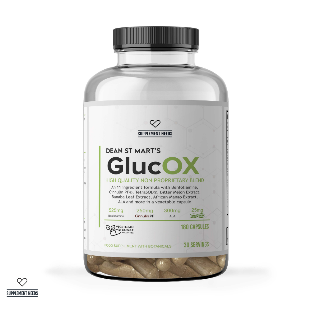 Supplement Needs Dr Dean St Mart GlucOX High Quality Non Proprietary 11 ingredients 180 capsules 30 servings Glucose Disposal Agent GDA Blood Sugar Type 2 Diabetes Glycation Advanced AGE Benfotiamine Neuropathy Oxidative Stress Superoxide Desmutase SOD TetraSOD Banaba Leaf Alpha Lipoic Acid ALA Health Range Cinnamon Extract Cinnulin