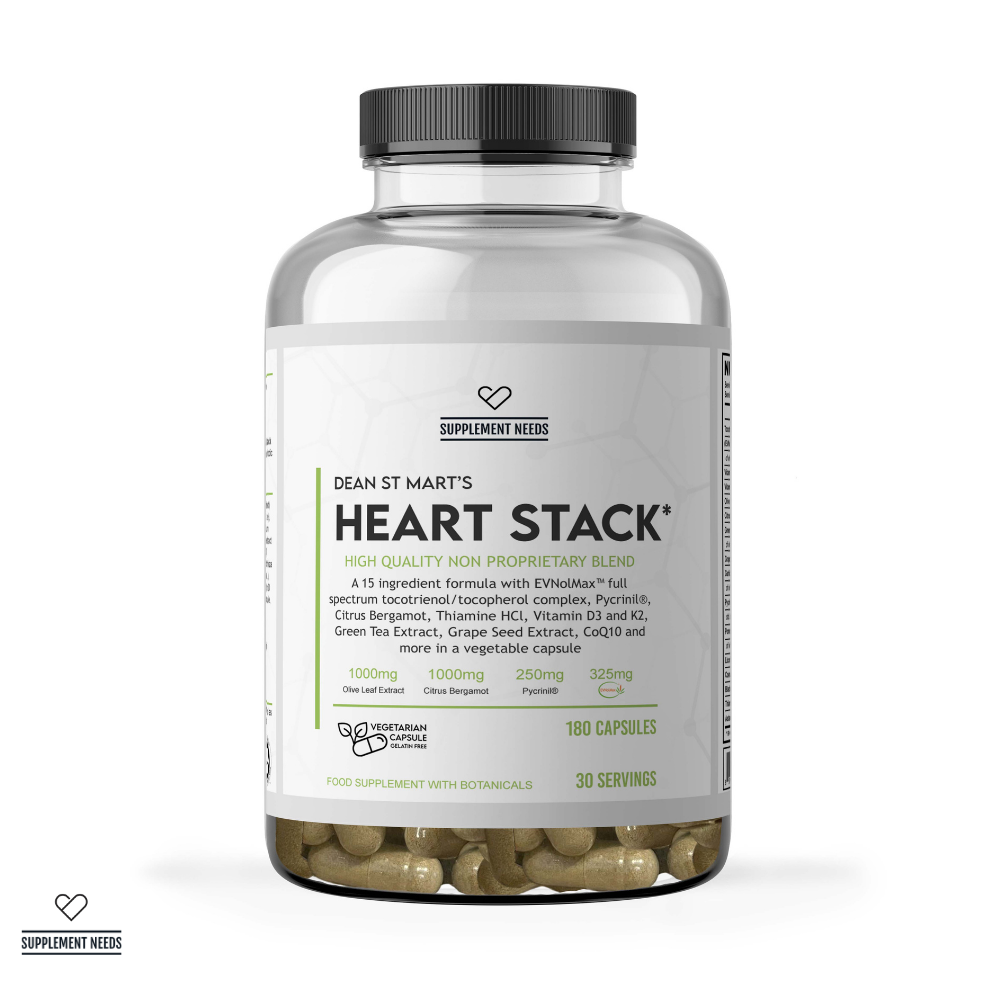 Supplement Needs Dr Dean St Mart Heart Stack 15 ingredients High Quality Non Proprietary Transparent LDL Oxidation Atherosclerosis HDL Good Bad Cholesterol lower improve Vitamin E D3 D K2 Tocopherol Tocotrienol EvNol Pycrinil Artichoke Extract Grape Seed CoQ10 Astaxanthin Citrus Bergamot Olive Leaf 180 capsules 30 servings health range 