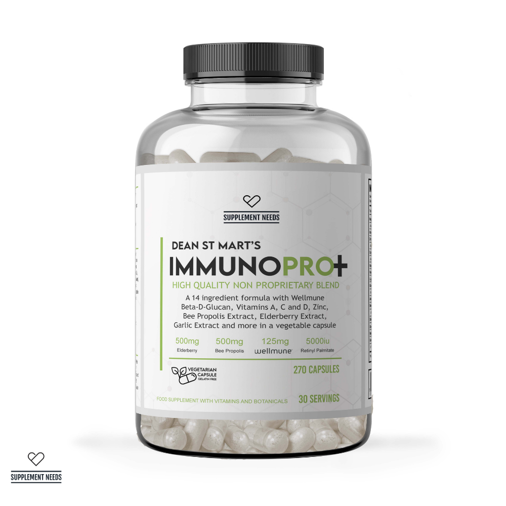 Supplement Needs Dr Dean St Mart ImmunoPRO+ High Quality Non Proprietary Transparency Health Range Immune Function Wellmune IgA Vitamin A Retinyl Palmitate Active form Elderberry Sambuccol Garlic Extract Allicin Bee Propolis Zinc 5000iu 270 capsules 30 servings 14 ingredients viral infection boost