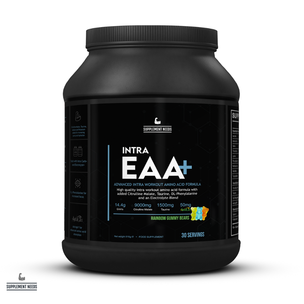 Supplement Needs Intra EAA+ Advanced Intra Workout Essential Amino Acid High Absorption Leucine BCAA muscle protein synthesis MPS Citrulline Malate Taurine Hydration Pumps Recovery Electrolytes Gummy Bear flavour sweet 30 servings performance range 