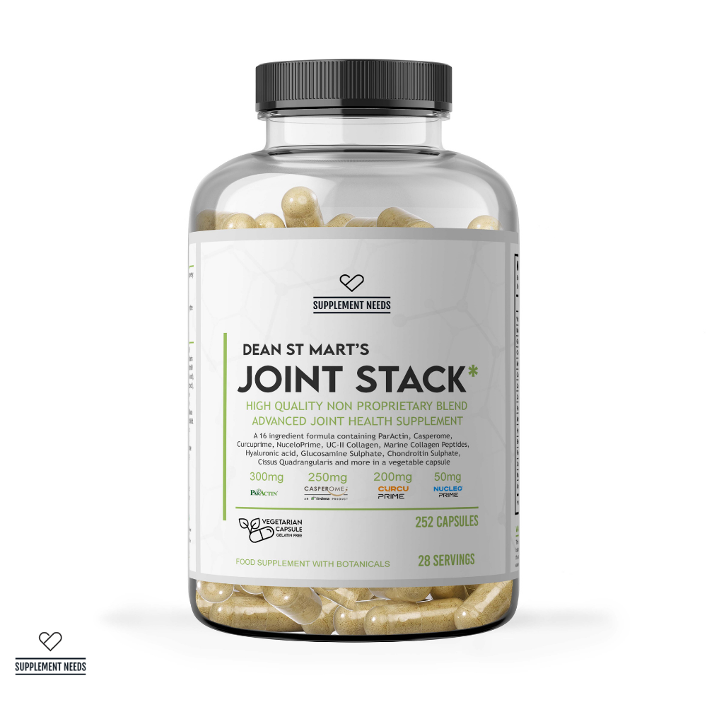 Supplement Needs Dr Dean St Mart Joint Stack health Range High Quality Transparent Non Proprietary Blend 14 ingredients Glucosamine Collagen Peptide UC-II Casperome Boswellia CurcuPrime curcumin anti-inflammatory inflammation pain osteoarthritis ParActin andrographis nucleotides Cissus Chondroitin tendon ligament tendonitis knee elbow pain 28 servings 252 capsules Hyaluronic acid  