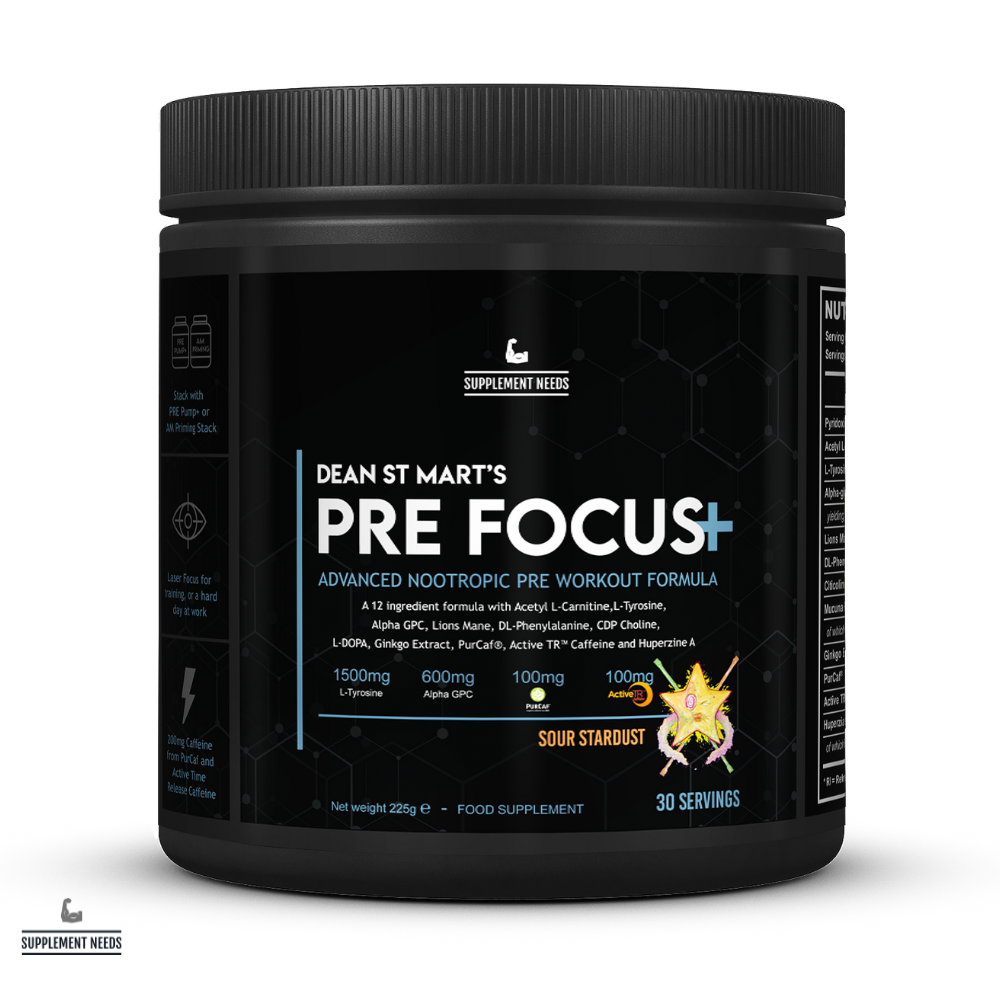 Supplement Needs PRE Focus + Sour Stardust Powder Dr Dean St Mart 30 servings 12 ingredients nootropic brain health memory Natural Caffeine PurCaf Coffee Bean Extract Dopamine Choline Acetylcholine L-Tyrosine L-DOPA Lion's Mane Alpha GPC Citicoline Performance Range