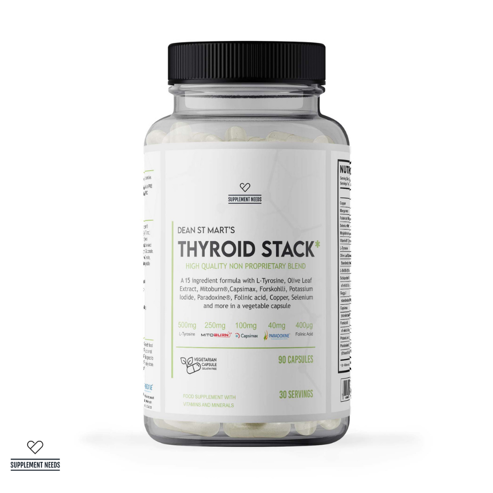 Supplement Needs Thyroid Stack Dr Dean St Mart 15 ingredients L-Tyrosine precursor T3 T4 conversion brown fat Mitoburn Capsimax Paradoxine Minerals Copper Folinic Acid 90 capsules 30 servings Health Range 