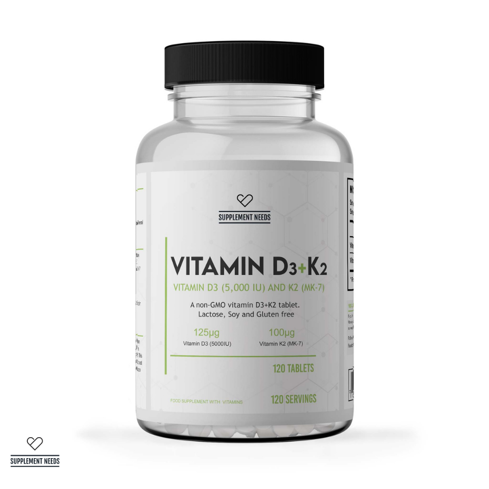 Supplement Needs Vitamin D3 K2 120 tablets servings non vegan lanolin derived MK-7 menaquinone 5000 IU 100mcg non GMO Soy Lactose Gluten Free Health Range